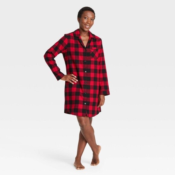 NWT Women's M Wondershop's Holiday Buffalo Check Plaid Flannel Nightshirt - Picture 2 of 5